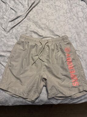 Superdry Men’s Khaki Swim Shorts with Coral Logo Print